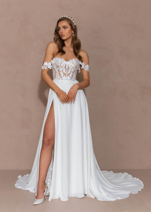 Ivory Lace Chiffon Slit Simple Wedding Dress With Detachable Straps